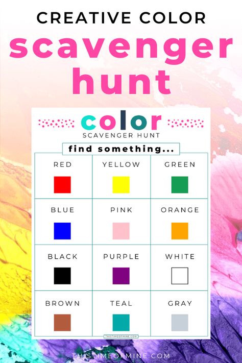 Help kids discover color in a whole new way! This Color Scavenger Hunt Printable is an easy and fun activity for inside, outside, and for kids of all ages. Activities for kids | outdoor | indoor | summer | spring | fall | winter | easy | fun | ideas for kids | free printables | nature | simple | backyard | at home | parenting | play outside | rainy day #scavengerhunt #activitiesforkids #outdooractivities #thistimeofmine Fun Camping Activities, Color Scavenger Hunt, Scavenger Hunt Printable, Live Simple, Camping Activities For Kids, Simple Backyard, Photo Scavenger Hunt, Scavenger Hunt For Kids, Printables Free Kids