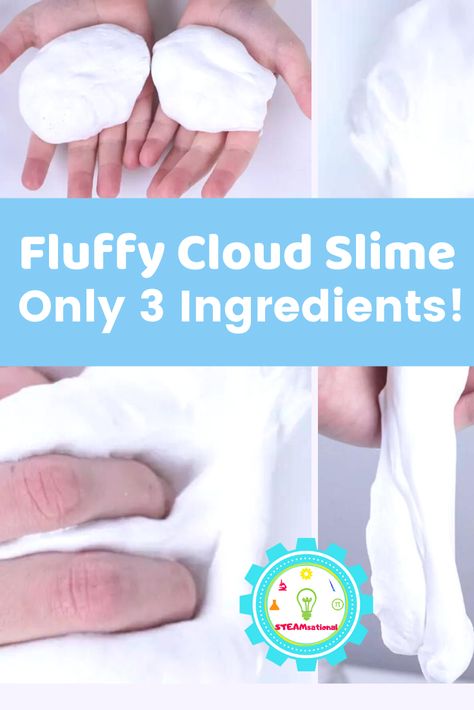 Fluffy Cloud Slime recipe using only 3 ingredients Slime Without Contact Solution, Slime Recipe Glue, Cloud Slime Recipe, Fluffy Cloud Slime, Fluff Slime, Dough Slime, Slime With Contact Solution, Borax Slime Recipe, Cloud Dough Recipes