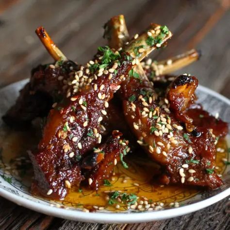 Spicy Honey Glazed Lamb Ribs Lamb Chop Recipes, Lamb Ribs, Lamb Dishes, Honey Sauce, Honey Glazed, Spicy Honey, Lamb Recipes, Meat Dishes, I Love Food