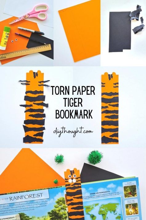 A fun tiger bookmark made from torn paper! A great paper craft for kids of all ages. Mr Tiger Goes Wild Activities, Tiger Crafts For Preschool, Wildlife Activities For Kids, Tiger Activities For Preschool, Tiger Scout Crafts, Tiger Stem Activities, Tiger Crafts For Kids, Tiger Arts And Crafts, Tiger Came To Tea Activities