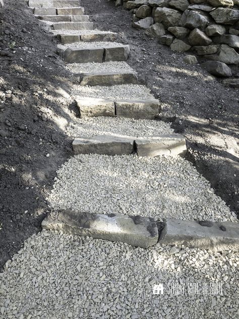 Paver Steps On Slope, Outdoor Stone Steps, Diy Stairs Outdoor, Natural Stone Steps, Paver Path, Paver Steps, Landscape Stairs, Landscape Steps, Stone Step