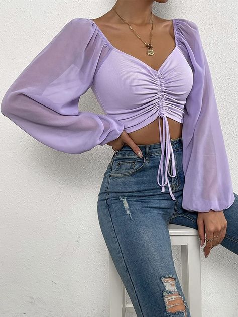 Verdusa Women's Sweetheart Neck Drawstring Ruched Lantern Sleeve Crop Top Blouse Beige M at Amazon Women’s Clothing store Jeans And Crop Top Outfit, Latest Crop Tops, Crop Top With Jeans, Glam Tops, Stylish Sweaters, Easy Trendy Outfits, Crop Top Outfits, Crop Top Blouse