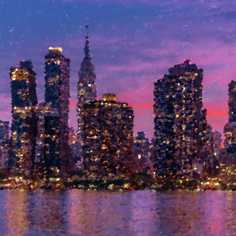 New York City Skyline Painting, Oil Pastel Cityscape, New York City Painting Easy, Sunset Pointillism, New York Painting Easy, New York Dibujo, City Sunset Painting, Nyc Skyline Painting, Paintnite Ideas