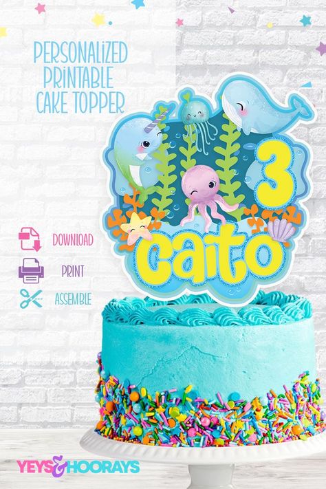 Printable Cake topper in Blue and yellow colors. It Features cute drawings of smiling under the sea creatures such as starfish, whale, octopus, narwhal,  and jelly fish. Green sea weeds and orange corals with transparent bubbles and a purple clam completes the over all look of the design. This listing is personalized. Age and Name can be changed. Under The Sea Cake Topper Printable, Chip Bag Design, Under The Sea Cake Topper, Sea Cake Topper, Printable Under The Sea, Cute Sea Creatures, Sea Printable, Under The Sea Cake, Sea Cake