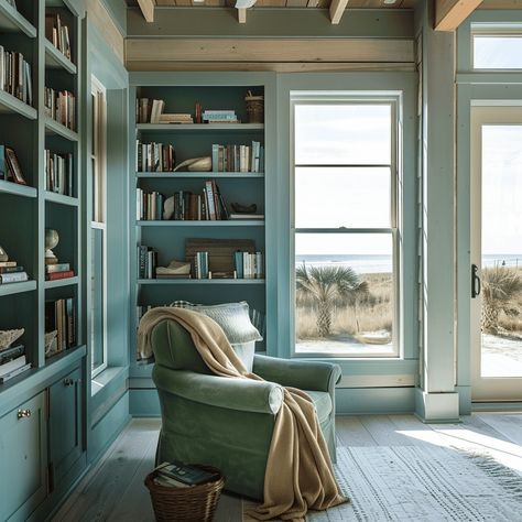 Pale Turquoise Coastal Reading Nook [Room Inspiration] Nook Built Ins, Reading Nook Room, Library Guest Room, Luxurious Library, Coastal Color Scheme, Coastal Theme, Green Armchair, Pale Turquoise, Wallpaper Walls Decor