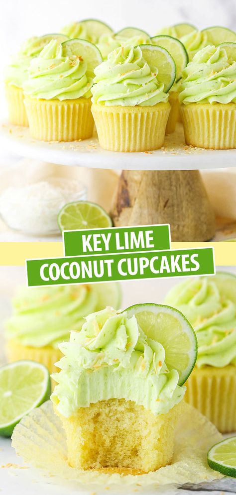 These Key Lime Coconut Cupcakes are a delectable treat with fresh coconut & key lime flavor! Coconut cupcakes are topped with key lime frosting! #keylime #coconut #cupcakes #coconutcupcakes #keylimecupcakes #coconutcake #coconutcream #coconutrecipe #keylimerecipe Cupcakes Coconut, Lime Dessert Recipes, Key Lime Cupcakes, Lime Cupcakes, Marshmallow Frosting, Coconut Cupcakes, Torte Cupcake, Gourmet Cupcakes, Cupcake Flavors