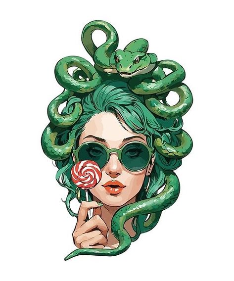 Discover the edgy charm of our modern Medusa wearing sunglasses and enjoying a lollipop. This contemporary and playful illustration brings a trendy twist to the mythical character. Medusa Profile Pic, Medusa Art Illustration, Medusa Modern, Medusa Illustration, Modern Medusa, Lollipop Art, Denim Painting, Medusa Sunglasses, Medusa Art