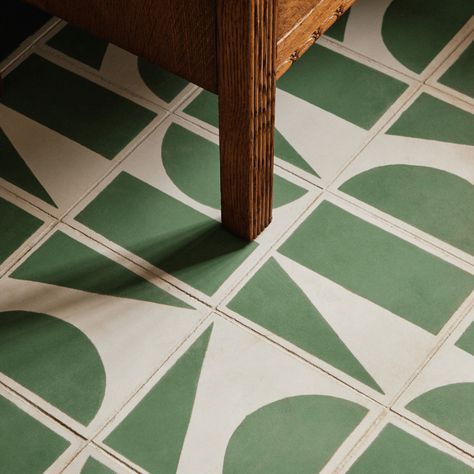 Please note all of our encaustic tiles require sealing. For more information, see our installation guide. Please note this is the Green Split Shift Two Tile. These images include tiles from the Split Shift collection. For advice and inspiration on creating this pattern, contact our design team. We recommend you order a sample before purchasing as colour and finishes can look different on screen to the natural light of your home. We want you to love your tiles as much as we do. Our natural pigmen Nissen Hut, Edinburgh Flat, 1960 House, Navy Kitchen, Signature Aesthetic, Tiled Hallway, Tiled Floors, Encaustic Tiles, Grove Street