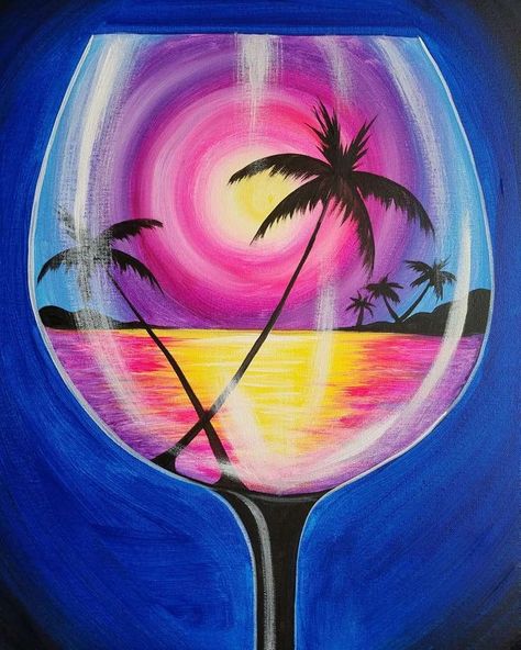 This beautiful sunset reflection in this wine glass puts us in a summer state of mind! Start the summer right with this dream in a glass. Bring your summer crew with you to paint this easy step-by-step acrylic painting! Wine And Paint Party Ideas Canvases, Wine Painting, Canvas Painting Tutorials, Simple Canvas Paintings, Cute Canvas Paintings, Summer Painting, Canvas Painting Designs, Canvas Painting Diy, Paint And Sip