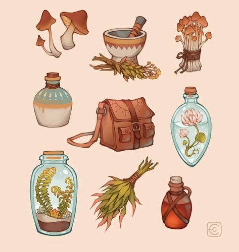 Magic Props Concept Art, Witch Props Art, Witch Props Concept Art, Fantasy Props Art, Hobbit Astethic, Apothecary Character Design, Apothecary Drawing, Prop Design Concept Art, Herbalist Character Design