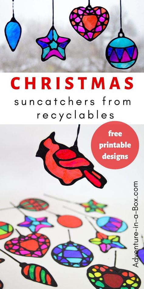 Make stained glass Christmas suncatchers from recyclables with kids! This winter craft comes with four pages of Christmas ornament free printable templates and makes for a quick and easy way to decorate windows. #kidscrafts #upcycling #christmasdecor Christmas Suncatchers, Stained Glass Cookies, Upcycle Crafts Diy, Free Printable Templates, Recycled Art Projects, Winter Art Projects, Cadeau Parents, Winter Craft, Making Stained Glass