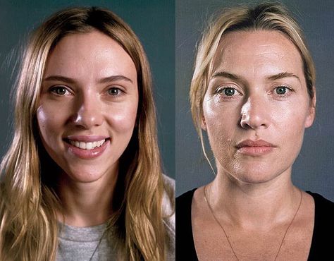 Scarlett Johanasson and Kate Winslet with no makeup for Vanity Fair Vanity Fair Hollywood Issue, Celebs Without Makeup, Chuck Close, Celebrities Before And After, Up Close And Personal, No Makeup, Fresh Face, Kate Winslet, Without Makeup