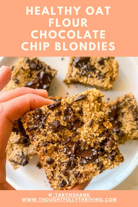 Healthy Oat Flour Blondies with chunks of chocolate in every bite. This easy and healthy recipe is nut free and gluten free, can be made with almond flour or oat flour, and is packed with protein! #food #recipe #blondies #healthy #oatflour #baking #glutenfree Oat Flour Blondies, Blondies Healthy, Natural Protein Powder, Oat Meal, Chocolate Chip Blondies, Protein Food, Natural Protein, Oat Flour, Gluten Free Desserts