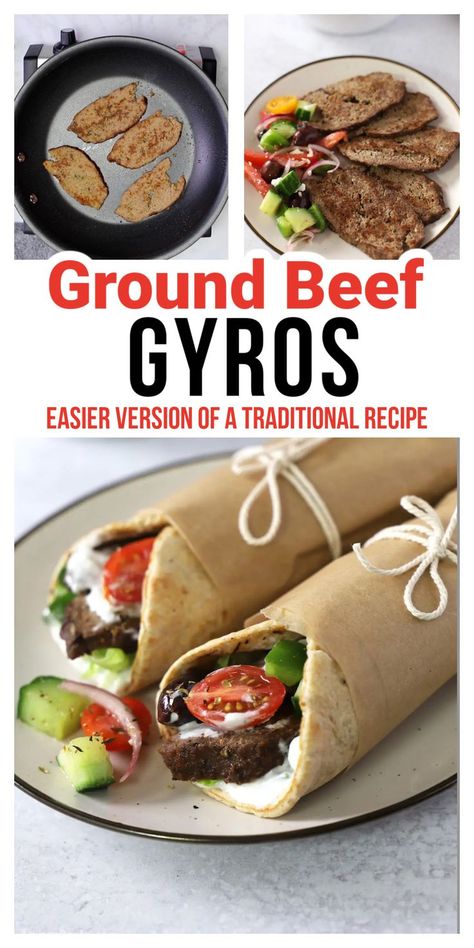 Ground beef made into patties and served with fresh veggies with Pinterest overlay. Ground Beef Gyros Recipe, Beef Gyros Recipe, Lamb Gyro Recipe, Beef Gyros, Gyros Recipe, Beef Gyro, Mediterranean Seasoning, Mediterranean Recipes Healthy, Ground Beef Seasoning