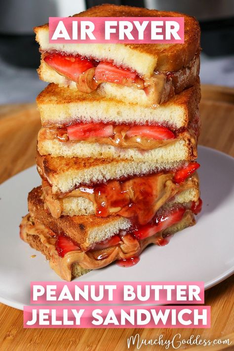 Four Air Fryer Peanut Butter and Jelly Sandwich halves stacked on top of each other with peanut butter and jelly oozing out of each sandwich. Peanut Butter And Strawberry Sandwich, Pb Jelly Sandwich, Peanut Butter And Jelly Bread, Fried Pb&j Sandwiches Air Fryer, Fried Pb&j Sandwiches, Air Fryer Pb&j, Fried Peanut Butter And Jelly Sandwich, Peanut Butter Jelly Sandwich, Sandwich Video