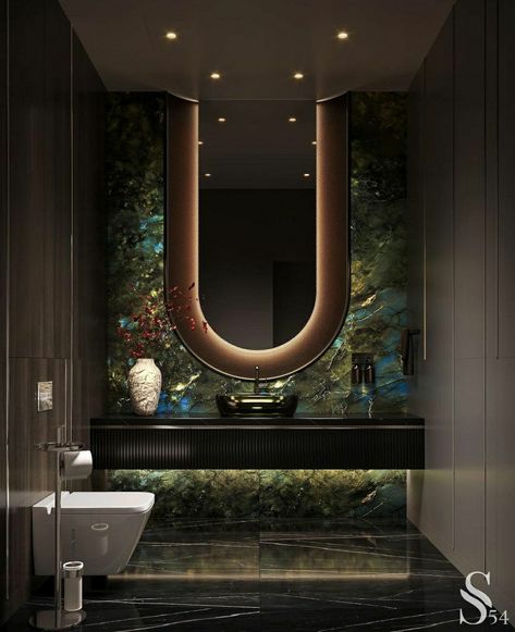 Luxury Powder Room, Toilet Design Modern, Tranquil Bathroom, Luxury Bathroom Interior, Modern Luxury Bathroom, Guest Bedroom Design, Washbasin Design, Washroom Design, Bathroom Design Decor