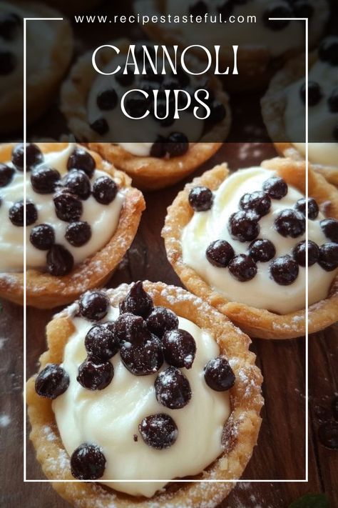 These delightful Cannoli Cups are a twist on the classic Italian dessert, featuring a creamy ricotta filling nestled in a crispy pie crust. Perfect for parties or a sweet treat at home! Homemade Cannoli Shells, How To Make Canollies, Canola Cookies, Desserts For Italian Dinner, Cannoli Cups Mini, Italian Dessert Ideas, Italian Desserts Christmas, Canoli Cups Easy, Classic Italian Desserts