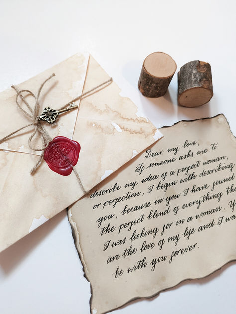 Your letter will be written on aged paper with (or without) burnt edges, enclosed in a wax sealed antique envelope (vintage key is included). Here is how it works: Antique Letters Hand Written, Envelope Vintage Aesthetic, How To Make Vintage Envelope, Hand Written Letters Aesthetic Vintage, Burnt Paper Aesthetic, Handwritten Letters Aesthetic Vintage, Vintage Envelope Aesthetic, Vintage Love Letters Hand Written, Aesthetic Envelope Design