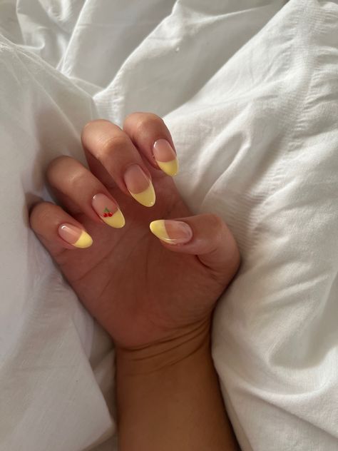 Yellow French Tip With Cherries, Light Yellow Nails Almond, Light Yellow Nails French Tip, Yellow French Tip With Design, Yellow Nails With Cherries, Yellow And Pink French Tip Nails, Pastel Yellow Almond Nails, Baby Yellow Nails Design, Yellow Cherry Nails