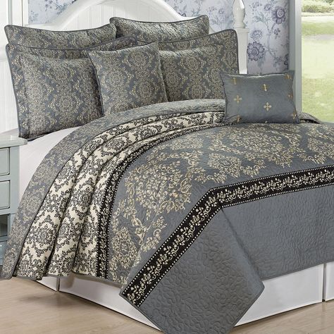 Serenta Mystic Printed Charcoal Grey 7-piece Quilt Set (Queen) Black Lamp Shades, King Quilts, Oversized King Comforter, California King Quilts, Queen Bedspread, Quilt Bedspread, Black Lamp, Bed Spread, Coverlet Bedding