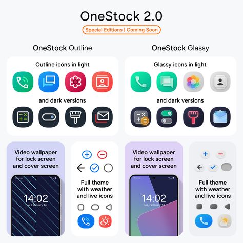 Two new special editions of the OneStock 2.0 theme will be available at Samsung Galaxy Themes in the next few weeks. 

The outline edition is coming on Monday 20, and the glassy edition on Monday 27.

Hope you like it ✨ Samsung Galaxy Themes, Samsung Themes, Galaxy Theme, Light In The Dark, The Next, Samsung Galaxy