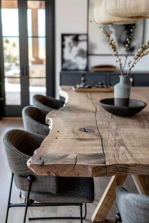 Rustic Table Modern Chairs, Modern Wood Kitchen Table, Modern Rustic Dining Room Table, Organic House Decor, Live Edge Round Dining Table, Modern Organic Home Design, Diy Modern Table, Farmhouse Table Top Decor, Organic Modern House