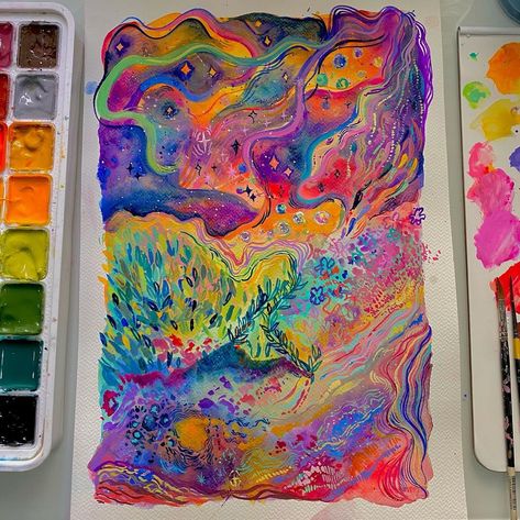 Karen Cheok ( KC ) ⚡️ on Instagram: ““Eudaimonia” ✨ gouache on watercolour paper. ‎ I painted this piece when I just recovered from a mental breakdown. I’ve been dealing with…” Watercolour Anime Art, Watercolour Anime, Gouache Art, Arte Sketchbook, Watercolour Paper, Art Inspiration Painting, Painting Art Projects, Funky Art, Art Abstrait