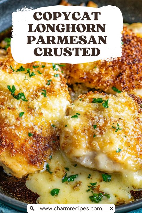 Copycat Longhorn Parmesan Crusted Chicken: A Flavorful Delight! Parmesan Crusted Chicken Longhorn Recipe, Hellmans Parmesan Crusted Chicken, Longhorn Crusted Chicken, Parmesan Chicken Longhorn Copycat, Long Horn Steakhouse Parmesan Chicken, Flavored Chicken Recipes, Chicken Crusted Parmesan, Copycat Longhorn Chicken, Copycat Parmesan Crusted Chicken