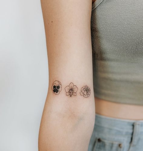 Pansies Flower Tattoo, Violet And Marigold Tattoo, Pansy Ankle Tattoo, Mini Orchid Tattoo, Pansy Tattoo Simple, Marigold And Violet Flower Tattoo, Tiny Pansy Tattoo, Small Pansy Tattoo, Pansy Tattoos