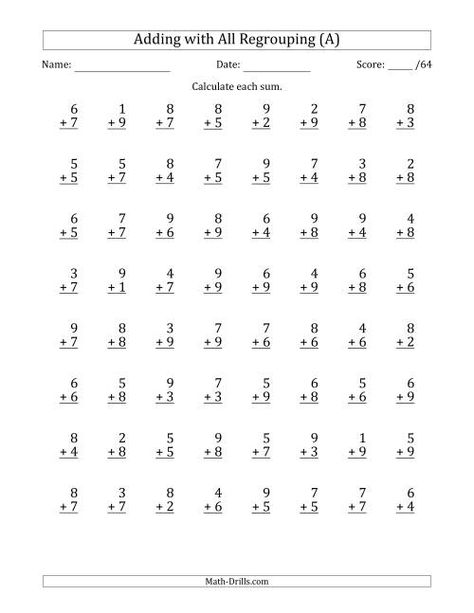 The 64 Single-Digit Addition Questions with All Regrouping (A) Math Worksheet Easter Math Worksheets, Thanksgiving Math Worksheets, Fact Family Worksheet, Money Math Worksheets, Multiplication Facts Worksheets, Halloween Math Worksheets, Math Fact Worksheets, Christmas Math Worksheets, Math Addition Worksheets