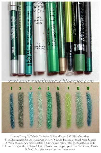 Green Eye Pencils Swatches Opi Green, Eyeliner Brown Eyes, Eye Shadow Looks, Eye Pencil Makeup, Foundation Swatches, Green Eyeliner, Eye Pencils, Eyes Lashes, Makeup Looks For Green Eyes