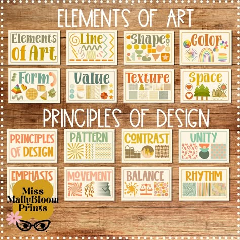 Come check out the new bundle of art classroom posters available now in my shop! Elements of Art and Principles of Design with same aesthetic that can make your art space look modern and unique! Great for students to reference all year long! #artteacherdecor #aesthetic Elements Of Art Preschool, Posters For Classroom Aesthetic, Elements Of Art Bulletin Board, Elementary Art Decor, Aesthetic Art Classroom, Elementary Art Classroom Decor, Art Room Ideas Classroom, Art Classroom Aesthetic, Art Classroom Design