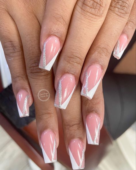 French Tip Triangle, Silver Glitter French Tip Nails, Silver Glitter French Tip, Triangle French Tip Nails, Glitter Nails Silver, Glitter French Tip Nails, Nail French Tip, Nails Silver Glitter, Glitter French Tip