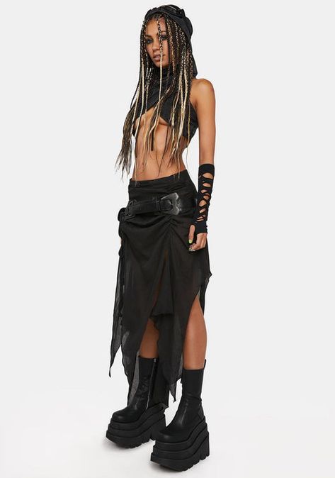 Darker Wavs Clothing, Shoes, & Accessories | Dolls Kill Fishnet Tops, Looks Rihanna, Blue Drip, Lace Up Shirt, Flowy Midi Skirt, Asymmetrical Midi Skirt, Rave Fits, Rave Clothes, Burning Man Outfits