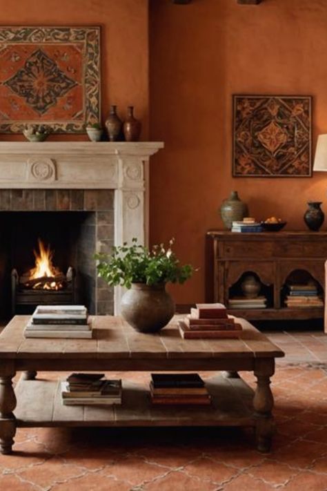 Cozy living room with a lit fireplace, wooden coffee table, and warm orange decor. Spanish Tv Room, Spanish House Christmas Decor, Spanish Style Interior Design Living Room, Spanish Hacienda Living Room, Spanish Homes Interior Living Room, Tuscany Decor Living Room, Mediterranean Style Fireplace, Adobe Living Room, Spanish Living Rooms