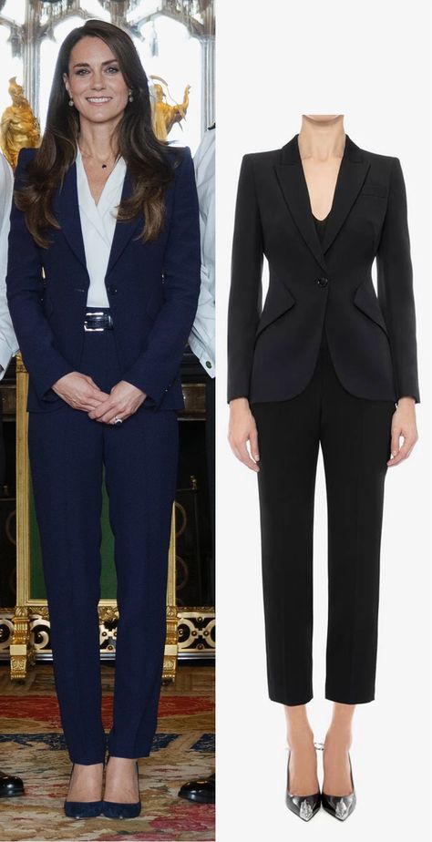 Kate Middleton meets Navy in blue suit & ocean-inspired earrings Navy Blue Suit Outfit, Womens Navy Suit, Alexander Mcqueen Suit, Blue Blazer Outfits For Women, Navy Blue Blazer Outfit, Blue Suit Outfit, Blue Alexander Mcqueen, Navy Blazer Outfits, Interview Suits