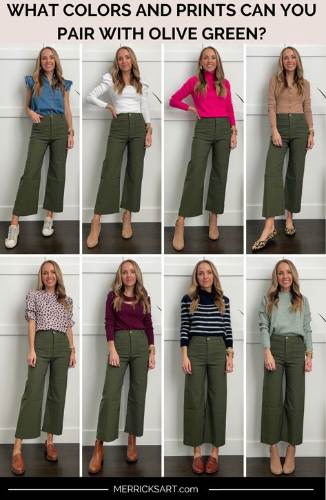 What colors and prints can you pair with the color olive green? - Merrick's Art Combination With Green Pants, Olive Pantalon Outfit, Tops For Green Pants, Olive Green Striped Shirt Outfit, Green Pairing Color Outfit, Olive Green Pants Winter Outfit, Olive Green Pants Outfit Women Work, Yellow And Olive Green Outfit, Navy And Army Green Outfits