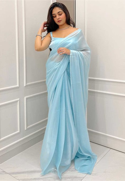 Solid Color Organza Saree in Light Blue Blue Net Saree, Blue Organza Saree, Blue Organza, Drape Saree, Back Neck Designs, Utsav Fashion, Net Saree, Blue Saree, Contemporary Fabric