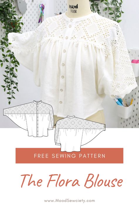 Plus Size Blouse Pattern, Easy Blouse Sewing Pattern, Sewing Patterns Free Plus Size, Embroidery For Neckline, Cottagecore Patterns Sewing, Cottage Core Sewing Patterns Free, Lace Top Sewing Pattern, Romantic Sewing Patterns, Free Sewing Patterns Plus Size