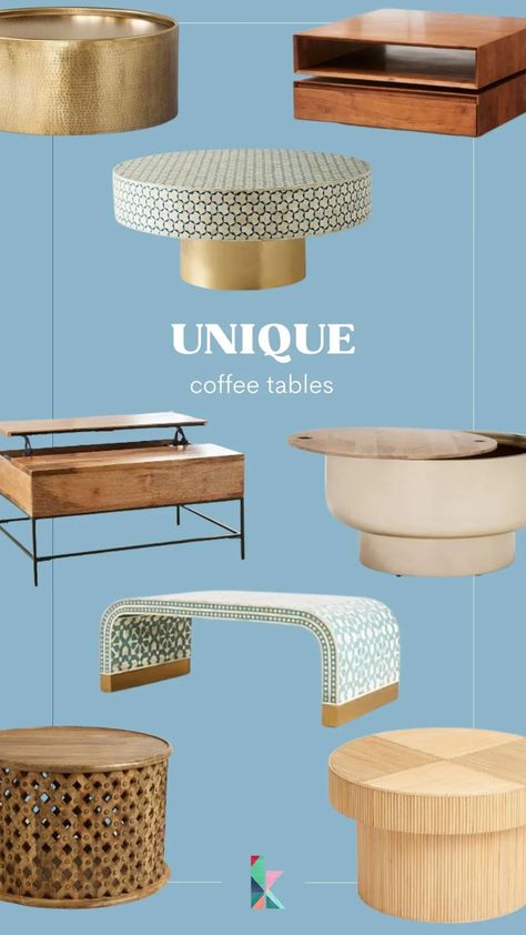 Coffee Table Modern Decor, Eclectic Coffee Table, Unique Coffee Table Ideas, Funky Coffee Tables, Statement Coffee Table, Cb2 Living Room, Eclectic Coffee Tables, Unusual Coffee Tables, Living Room And Dining Room Decor