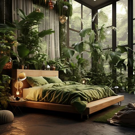 Zen Garden Home Interior Design, Rainforest Inspired Bedroom, Jungle House Bedroom, Moody Plant Bedroom, Rainforest Bedroom Aesthetic, Modern Jungle Bedroom, Forest Themed House, Rainforest Room Decor, Jungle Aesthetic Room