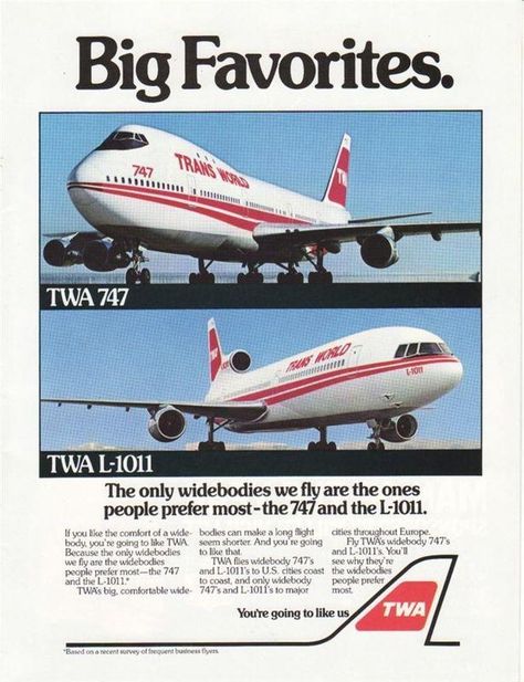 Trans World Airlines (TWA), Boeing 747 & Lockheed L-1011 TriStar ad Twa Airlines, Vintage Airline Ads, Air Plain, Vintage Airline Posters, Vintage Airline, Aviation Posters, Airline Company, Jet Age, Vintage Airlines