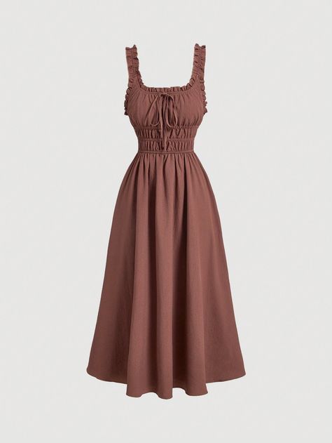 Women's Brown Solid Simple Everyday Tank Long Dress With Pleats And Tie Bow,Western,Vintage,Back To School,Work Mocha Brown Casual  Sleeveless Woven Fabric Plain Cami Non-Stretch  Women Clothing, size features are:Bust: ,Length: ,Sleeve Length: Romanticizing Summer, Brown Dresses Outfit, Vintage Back To School, Clothing Palette, 70s Inspired Fashion, Dress With Pleats, Western Vintage, Sleeveless Dress Summer, Mocha Brown