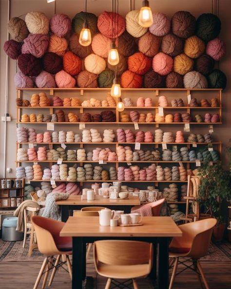 Yarn And Coffee, Craft Cafe Interior, Yarn Craft Room Ideas, Yarn Shop Ideas, Yarn Store Aesthetic, Yarn Shop Aesthetic, Crochet Business Aesthetic, Craft Store Aesthetic, Art Shop Ideas