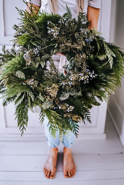 Fresh Winter Wreath, Diy Real Wreath Christmas, Juniper Wreath Diy, Evergreen Wreath Diy, Christmas Evergreen Wreaths, How To Make An Evergreen Wreath, Diy Real Christmas Wreath, Diy Evergreen Wreath, Christmas Wreath Workshop