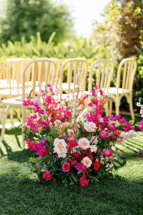 Hot Pink Florals And An Epic Dance Band in San Diego Hot Pink Wedding Aesthetic, Gusaba Decor, Pink Wedding Ceremony Flowers, Bougainvillea Arch, Hot Pink Wedding Theme, Pale Yellow Weddings, Hot Pink Wedding Flowers, Pink Boho Wedding, Pink Wedding Details