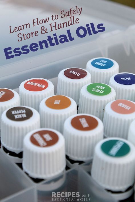 Learn how to safely store and handle essential oils at RecipesWithEssentialOils.com How To Store Essential Oils, Essential Oil Storage Ideas, Essential Oil Party, Magical Oils, Spiritual Ideas, Esential Oils, Doterra Recipes, Essential Oils 101, Essential Oils For Headaches