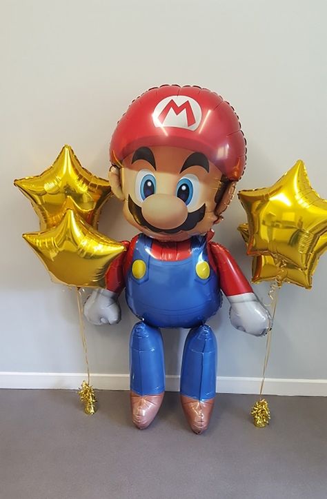 Super Mario Balloon Arch, Mario Balloons, Mario Brothers Birthday Party Ideas, Gold Star Balloons, Mario Brothers Birthday Party, Mario Bros Birthday Party Ideas, Mario Birthday Cake, 5th Birthday Boys, Super Mario Bros Party