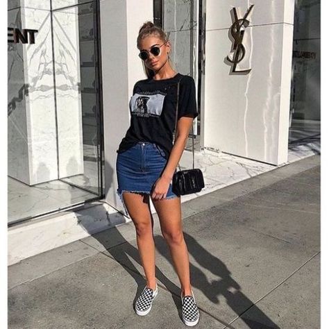 10 Ways To Style Slip-On Vans - Society19 Vans Tshirt Outfits, Denim Skirt Tshirt Outfit, Outfits With Slip On Vans, Denim Skirt And Tshirt Outfits, Slipon Vans Outfit, Vans Sneakers Outfit Woman, Skirt And Vans Outfit, Vans With Dress Outfits, Vans Checkerboard Outfit Women