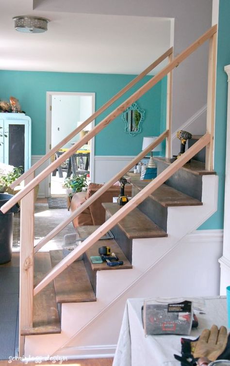 Diy Stair Railing Makeover, Railing Makeover, Stairs Makeover Design, Diy Stairs Makeover, Stair Railing Makeover, Diy Staircase Makeover, Diy Stair Railing, Modern Railing, Rustic Stairs